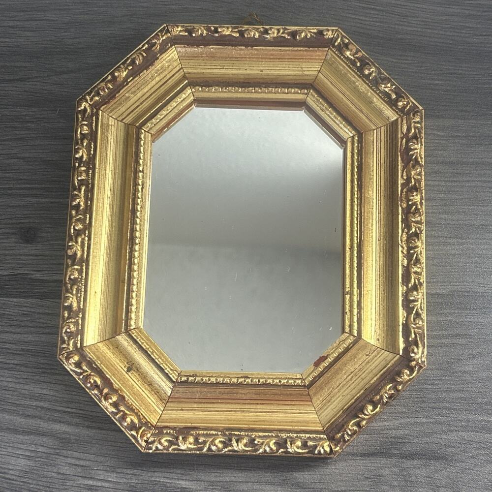 Vintage Gimbels Italy Gold Gilt Octagon Mirror Hollywood Regency 8x6.5 Glam
